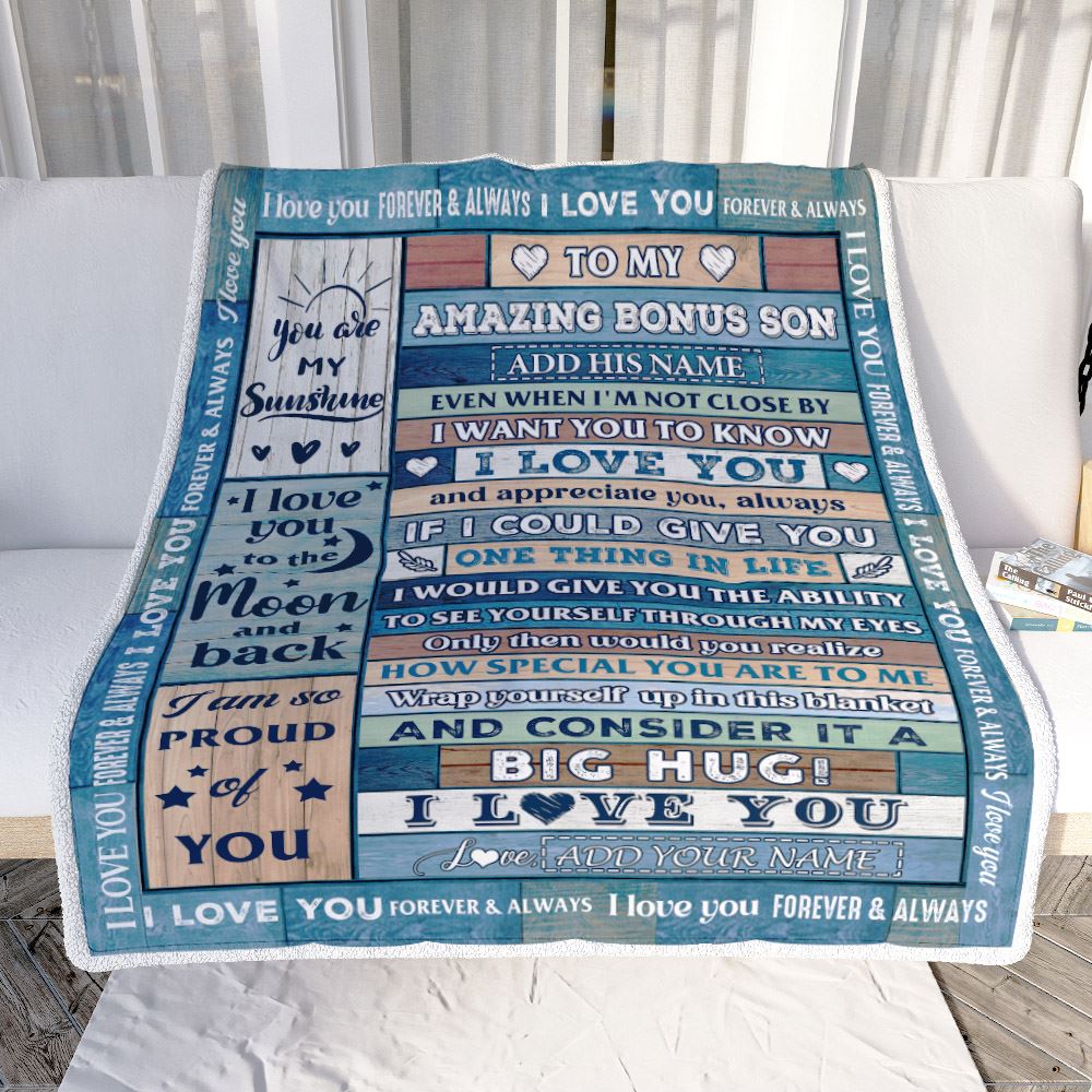 Personalized To My Amazing Bonus Son Gifts From Stepmom Stepdad Blanket Wood Great Words Birthday Gifts For Stepson Christmas Customized Fleece Throw Blanket | teecentury