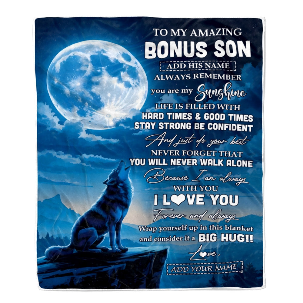 Personalized To My Amazing Bonus Son Gifts From Stepmother Stepdad Blanket Wolf My Sunshine Gifts For Stepson Birthday Graduation Christmas Fleece Blanket | teecentury