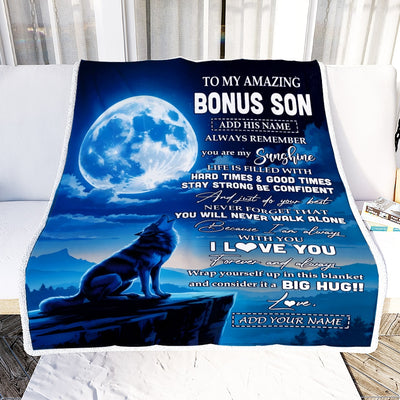 Personalized To My Amazing Bonus Son Gifts From Stepmother Stepdad Blanket Wolf My Sunshine Gifts For Stepson Birthday Graduation Christmas Fleece Blanket | teecentury