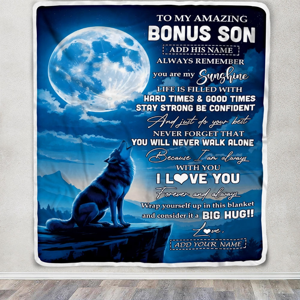 Personalized To My Amazing Bonus Son Gifts From Stepmother Stepdad Blanket Wolf My Sunshine Gifts For Stepson Birthday Graduation Christmas Fleece Blanket | teecentury