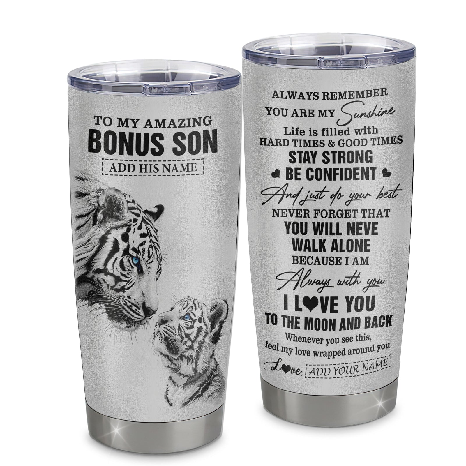 Personalized To My Amazing Bonus Son Gifts Tumbler From Stepmom Stepdad White Tiger It A Big Hug Stepson Birthday Gifts Christmas Custom Stainless Steel Travel Mug | teecentury