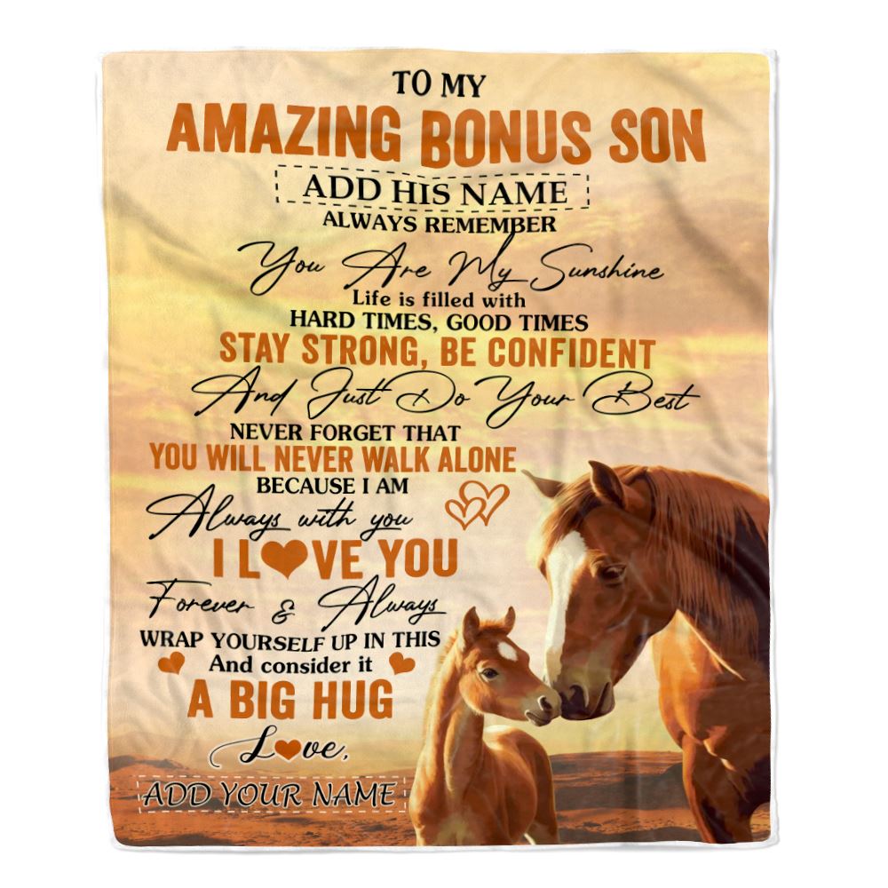 Personalized To My Amazing Bonus Son Horse Blanket From Stepmother Stepdad My Sunshine Stepson Birthday Gifts Graduation Christmas Customized Fleece Blanket | teecentury