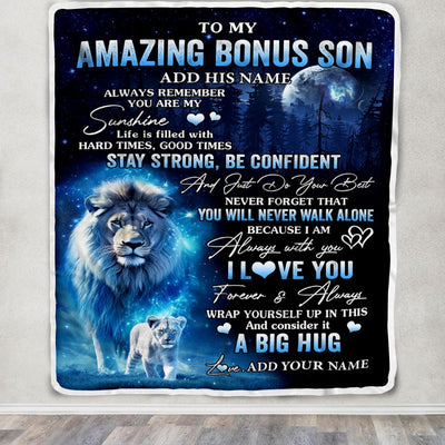Personalized To My Amazing Bonus Son Lion Blanket From Stepdad Dad My Sunshine Stepson Birthday Gifts Graduation Christmas Customized Fleece Blanket | teecentury