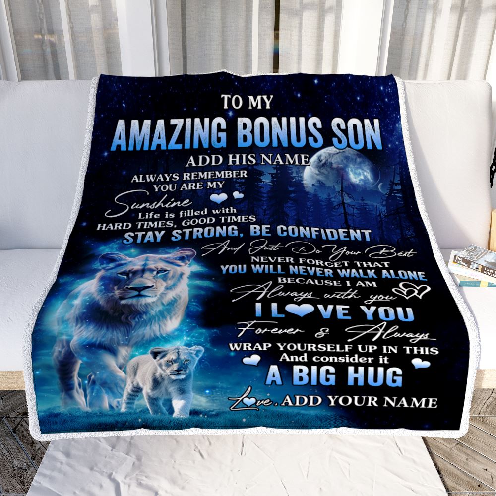 Personalized To My Amazing Bonus Son Lion Blanket From Stepmother My Sunshine Stepson Birthday Gifts Graduation Christmas Customized Fleece Blanket | teecentury