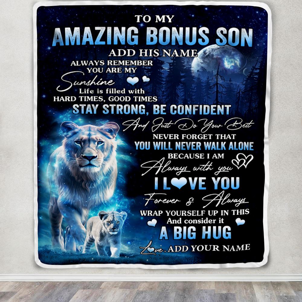 Personalized To My Amazing Bonus Son Lion Blanket From Stepmother My Sunshine Stepson Birthday Gifts Graduation Christmas Customized Fleece Blanket | teecentury