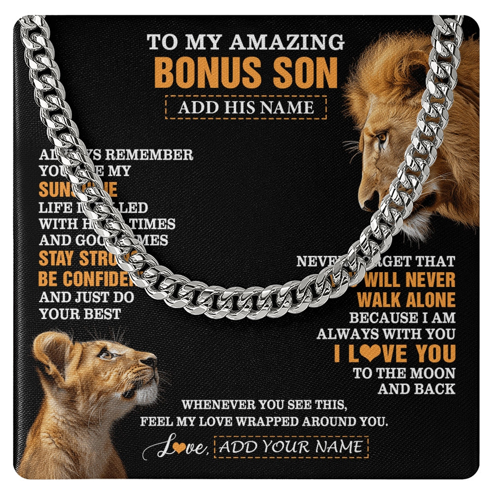 Cuban Link Chain Necklace Stainless Steel | 1 | Personalized To My Amazing Bonus Son Necklace From Bonus Dad Stepdad Lion It A Big Hug Stepson Birthday Gifts Graduation Christmas Custom Gift Box Message Card | https://teecentury.