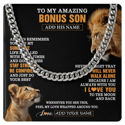Cuban Link Chain Necklace Stainless Steel | 1 | Personalized To My Amazing Bonus Son Necklace From Bonus Dad Stepdad Lion It A Big Hug Stepson Birthday Gifts Graduation Christmas Custom Gift Box Message Card | https://teecentury.
