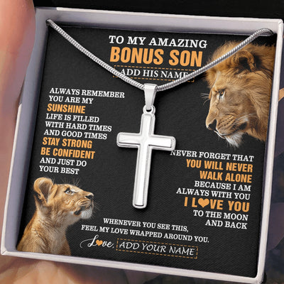 Stainless Cross Necklace Stainless Steel | 2 | Personalized To My Amazing Bonus Son Necklace From Bonus Dad Stepdad Lion It A Big Hug Stepson Birthday Gifts Graduation Christmas Custom Gift Box Message Card | https://teecentury.