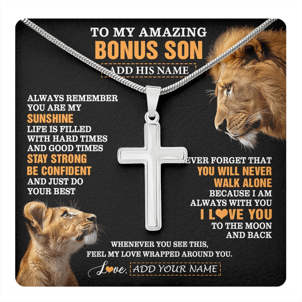 Stainless Cross Necklace Stainless Steel | 1 | Personalized To My Amazing Bonus Son Necklace From Bonus Dad Stepdad Lion It A Big Hug Stepson Birthday Gifts Graduation Christmas Custom Gift Box Message Card | https://teecentury.