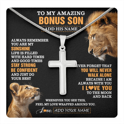 Stainless Cross Necklace Stainless Steel | 1 | Personalized To My Amazing Bonus Son Necklace From Bonus Dad Stepdad Lion It A Big Hug Stepson Birthday Gifts Graduation Christmas Custom Gift Box Message Card | https://teecentury.