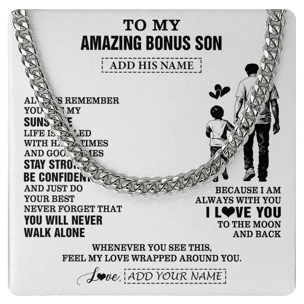 Cuban Link Chain Necklace Stainless Steel | 1 | Personalized To My Amazing Bonus Son Necklace From Bonus Dad Stepdad Man It A Big Hug Stepson Birthday Gifts Graduation Christmas Custom Gift Box Message Card | https://teecentury.