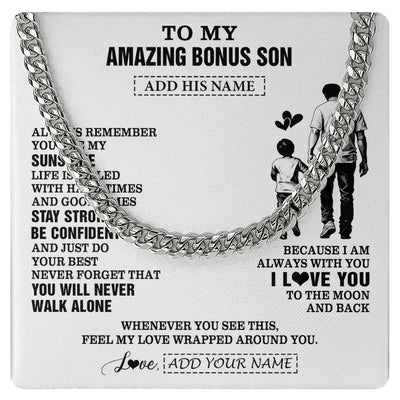 Cuban Link Chain Necklace Stainless Steel | 1 | Personalized To My Amazing Bonus Son Necklace From Bonus Dad Stepdad Man It A Big Hug Stepson Birthday Gifts Graduation Christmas Custom Gift Box Message Card | https://teecentury.