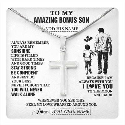 Stainless Cross Necklace Stainless Steel | 1 | Personalized To My Amazing Bonus Son Necklace From Bonus Dad Stepdad Man It A Big Hug Stepson Birthday Gifts Graduation Christmas Custom Gift Box Message Card | https://teecentury.