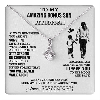 Alluring Beauty Necklace 14K White Gold Finish | 1 | Personalized To My Amazing Bonus Son Necklace From Bonus Mom Stepmom Woman It A Big Hug Stepson Birthday Gifts Graduation Christmas Gift Box Message Card | https://teecentury.