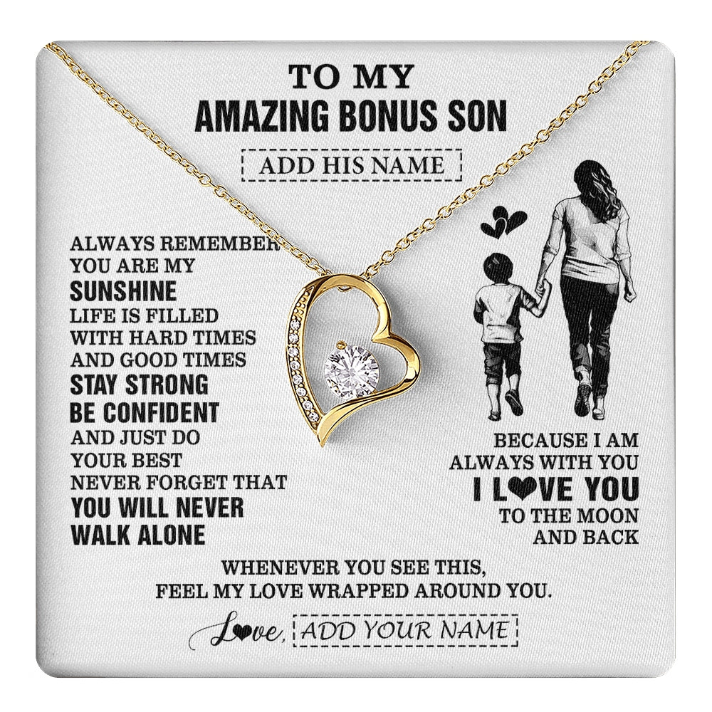 Forever Love Necklace 18K Yellow Gold Finish | 1 | Personalized To My Amazing Bonus Son Necklace From Bonus Mom Stepmom Woman It A Big Hug Stepson Birthday Gifts Graduation Christmas Gift Box Message Card | https://teecentury.
