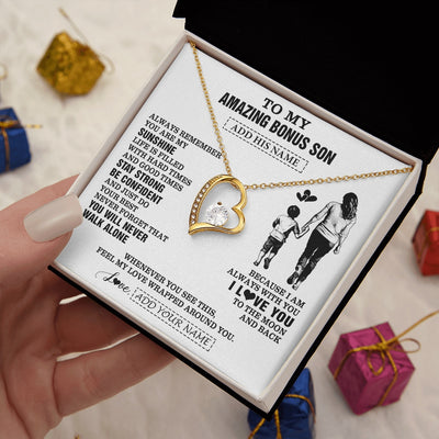 Forever Love Necklace 18K Yellow Gold Finish | 2 | Personalized To My Amazing Bonus Son Necklace From Bonus Mom Stepmom Woman It A Big Hug Stepson Birthday Gifts Graduation Christmas Gift Box Message Card | https://teecentury.