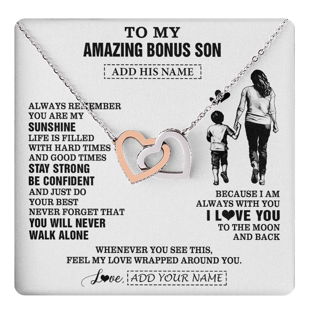 Interlocking Hearts Necklace Stainless Steel & Rose Gold Finish | 1 | Personalized To My Amazing Bonus Son Necklace From Bonus Mom Stepmom Woman It A Big Hug Stepson Birthday Gifts Graduation Christmas Gift Box Message Card | https://teecentury.