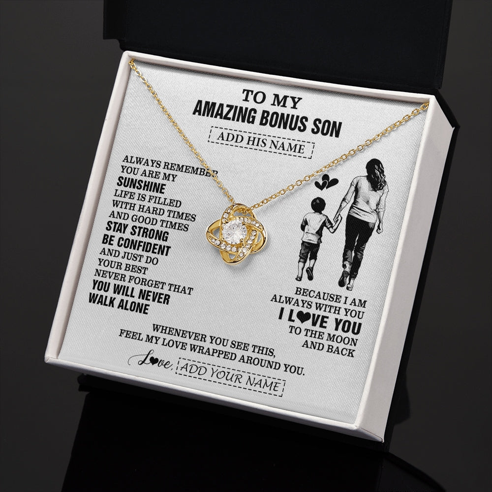 Love Knot Necklace 18K Yellow Gold Finish | 2 | Personalized To My Amazing Bonus Son Necklace From Bonus Mom Stepmom Woman It A Big Hug Stepson Birthday Gifts Graduation Christmas Gift Box Message Card | https://teecentury.