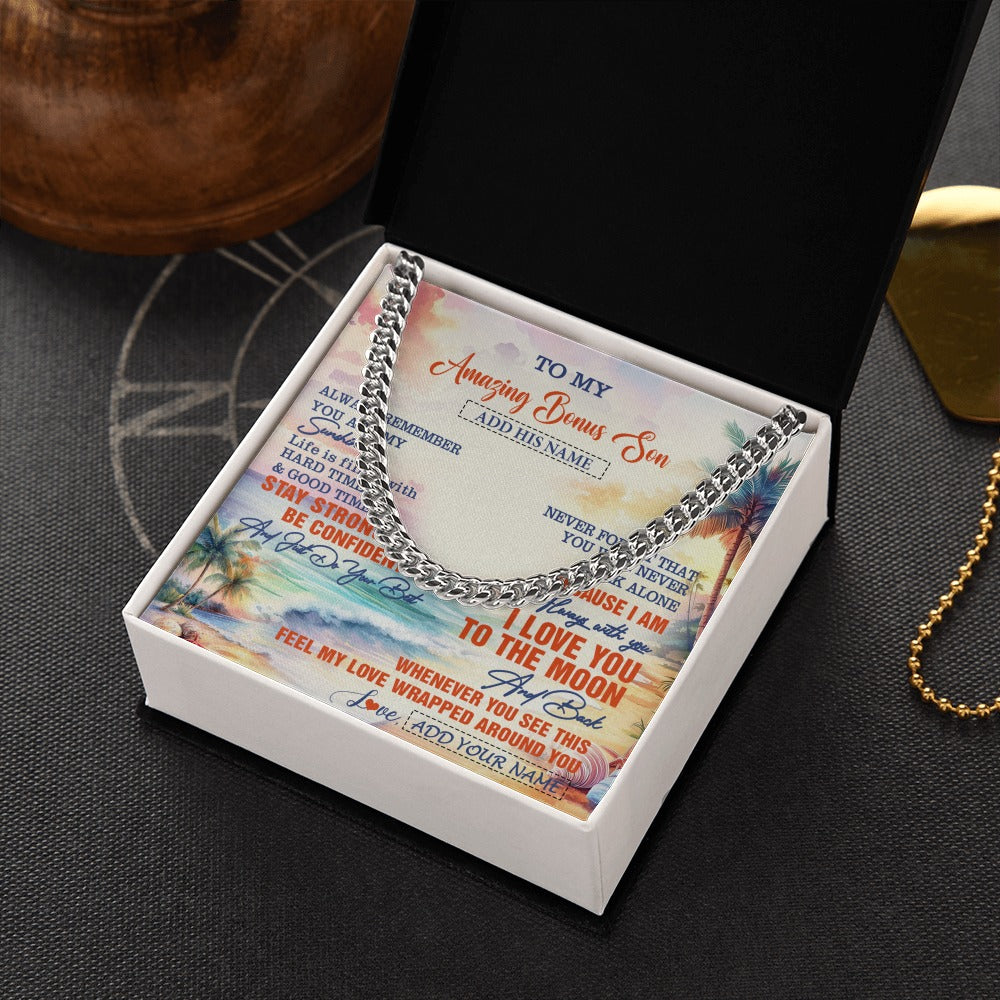 Cuban Link Chain Necklace Stainless Steel | 2 | Personalized To My Amazing Bonus Son Necklace From Stepmom Stepdad Beach It A Big Hug Stepson Birthday Gifts Graduation Christmas Custom Gift Box Message Card Shirt & Hoodie | https://teecentury.