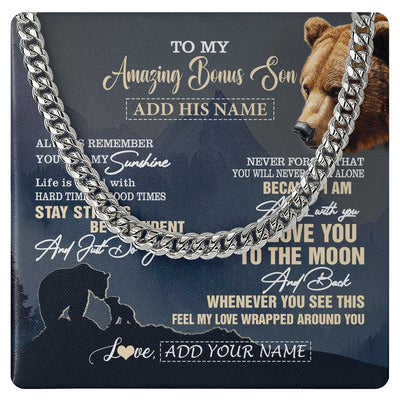 Cuban Link Chain Necklace Stainless Steel | 1 | Personalized To My Amazing Bonus Son Necklace From Stepmom Stepdad Bear It A Big Hug Stepson Birthday Gifts Graduation Christmas Custom Gift Box Message Card | https://teecentury.