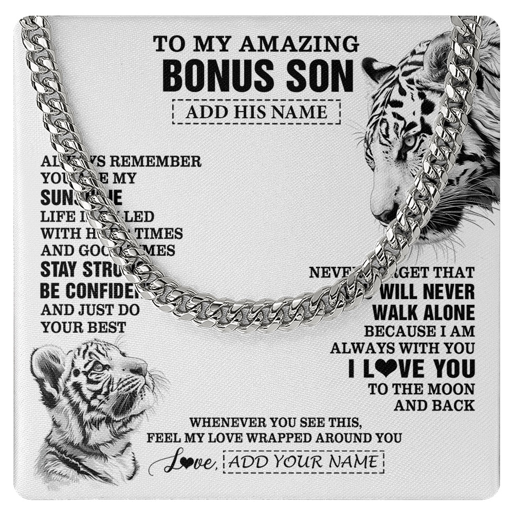 Cuban Link Chain Necklace Stainless Steel | 1 | Personalized To My Amazing Bonus Son Necklace From Stepmom Stepdad White Tiger It A Big Hug Stepson Birthday Gifts Christmas Custom Gift Box Message Card | https://teecentury.