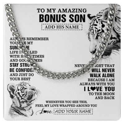 Cuban Link Chain Necklace Stainless Steel | 1 | Personalized To My Amazing Bonus Son Necklace From Stepmom Stepdad White Tiger It A Big Hug Stepson Birthday Gifts Christmas Custom Gift Box Message Card | https://teecentury.