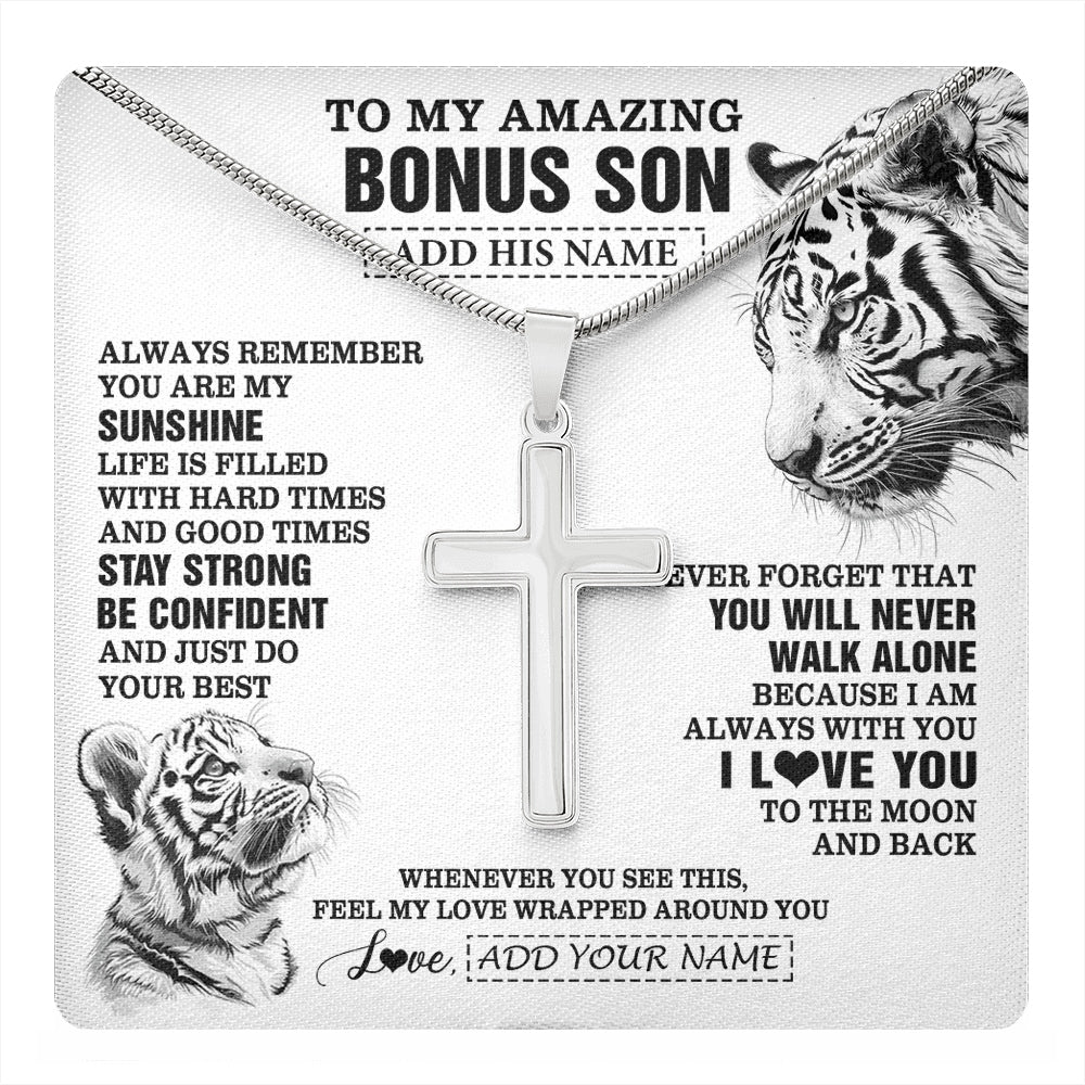 Stainless Cross Necklace Stainless Steel | 1 | Personalized To My Amazing Bonus Son Necklace From Stepmom Stepdad White Tiger It A Big Hug Stepson Birthday Gifts Christmas Custom Gift Box Message Card | https://teecentury.