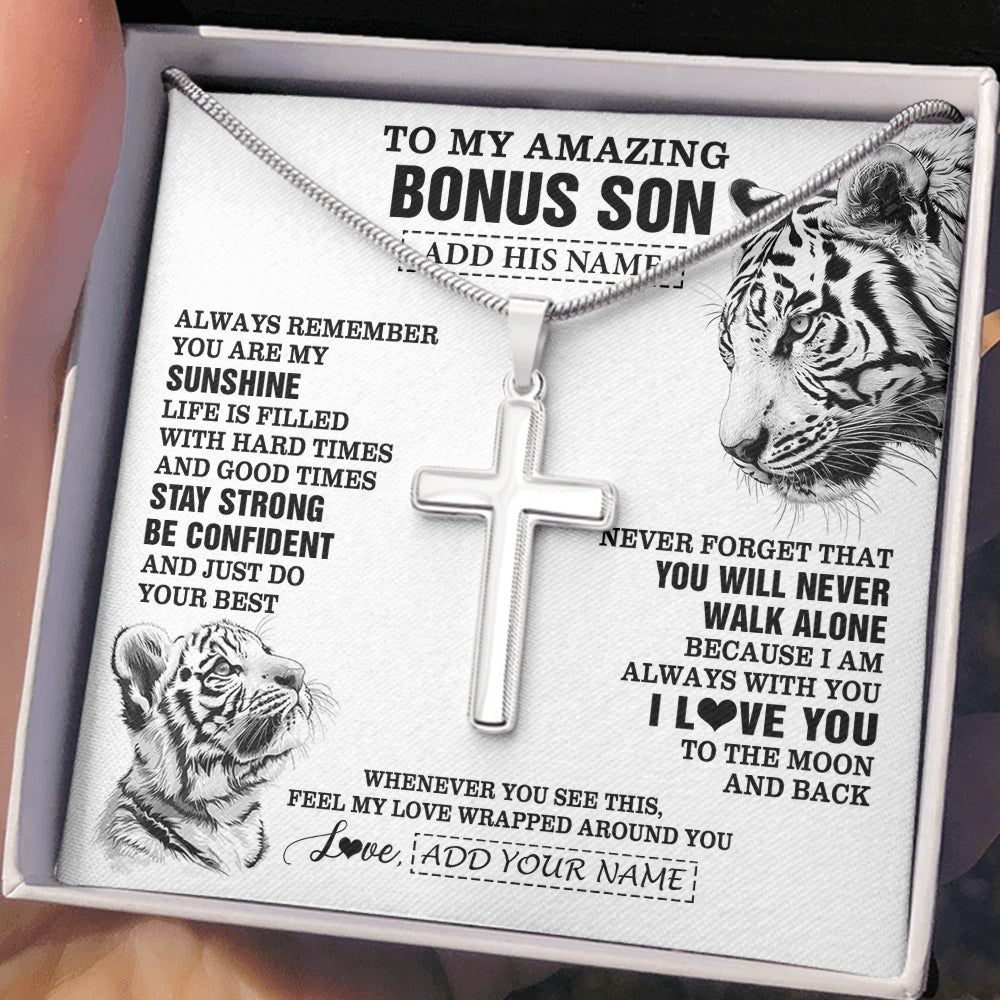 Stainless Cross Necklace Stainless Steel | 2 | Personalized To My Amazing Bonus Son Necklace From Stepmom Stepdad White Tiger It A Big Hug Stepson Birthday Gifts Christmas Custom Gift Box Message Card | https://teecentury.