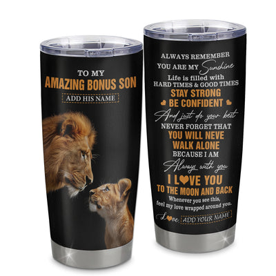 Personalized To My Amazing Bonus Son Tumbler From Bonus Dad Stepdad Lion It A Big Hug Stepson Birthday Gifts Graduation Christmas Custom Stainless Steel Travel Mug | teecentury