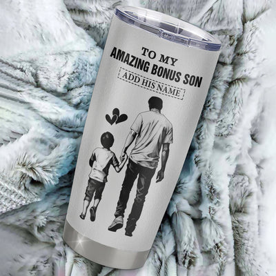 Personalized To My Amazing Bonus Son Tumbler From Bonus Dad Stepdad Man It A Big Hug Stepson Birthday Gifts Graduation Christmas Custom Stainless Steel Travel Mug | teecentury