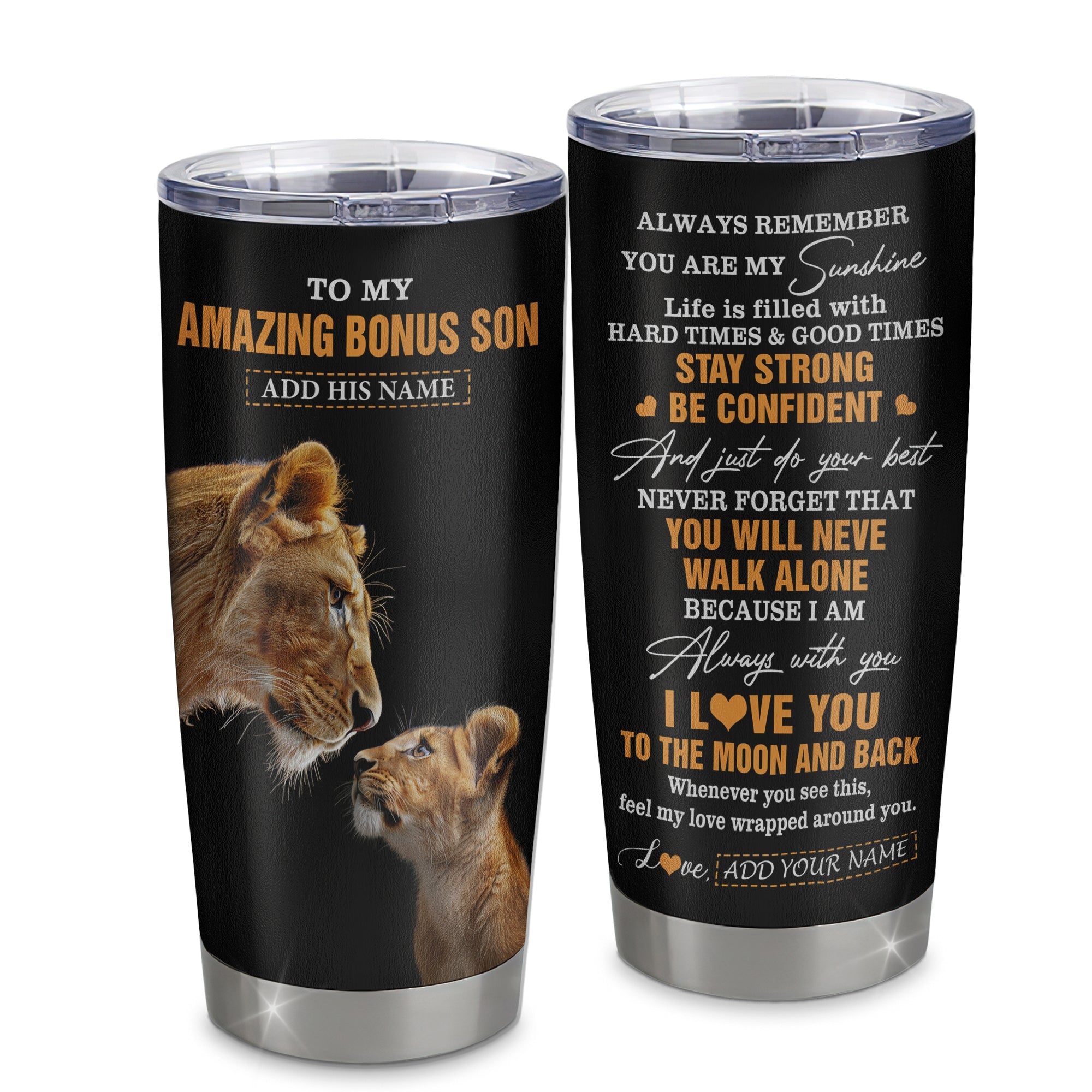 Personalized To My Amazing Bonus Son Tumbler From Bonus Mom Stepmom Lion It A Big Hug Stepson Birthday Gifts Graduation Christmas Custom Stainless Steel Travel Mug | teecentury