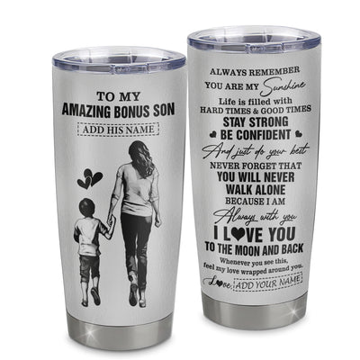Personalized To My Amazing Bonus Son Tumbler From Bonus Mom Stepmom Woman It A Big Hug Stepson Birthday Gifts Graduation Christmas Custom Stainless Steel Travel Mug | teecentury