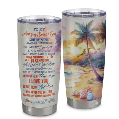 Personalized To My Amazing Bonus Son Tumbler From Stepmom Stepdad Beach It A Big Hug Stepson Birthday Gifts Graduation Christmas Custom Stainless Steel Travel Mug | teecentury
