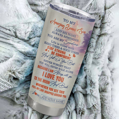 Personalized To My Amazing Bonus Son Tumbler From Stepmom Stepdad Beach It A Big Hug Stepson Birthday Gifts Graduation Christmas Custom Stainless Steel Travel Mug | teecentury