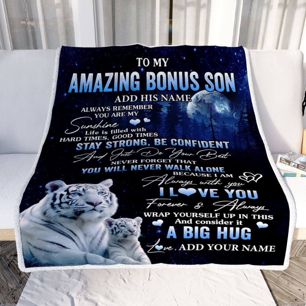 Personalized To My Amazing Bonus Son White Tiger Blanket From Stepmother My Sunshine Stepson Birthday Gifts Graduation Christmas Customized Fleece Blanket | teecentury