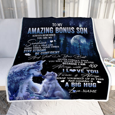 Personalized To My Amazing Bonus Son Wolf Blanket From Stepmom Stepdad Moon Wolf Stepson Birthday Graduation Christmas Customized Bed Fleece Throw Blanket | teecentury