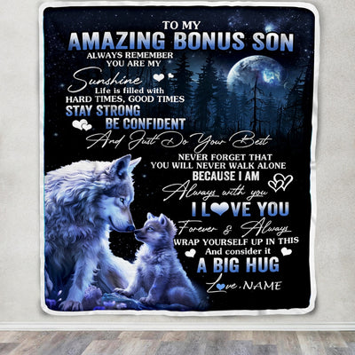 Personalized To My Amazing Bonus Son Wolf Blanket From Stepmom Stepdad Moon Wolf Stepson Birthday Graduation Christmas Customized Bed Fleece Throw Blanket | teecentury