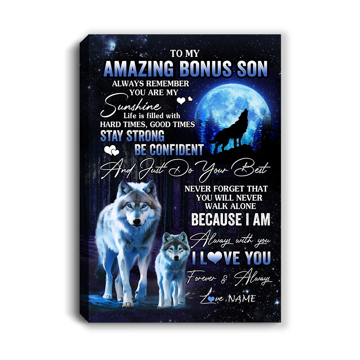 Personalized To My Amazing Bonus Son Wolf Canvas From Step Mom Dad Mother Moon Wolf Stepson Birthday Gifts Graduation Christmas Custom Wall Art Print Framed Canvas | teecentury