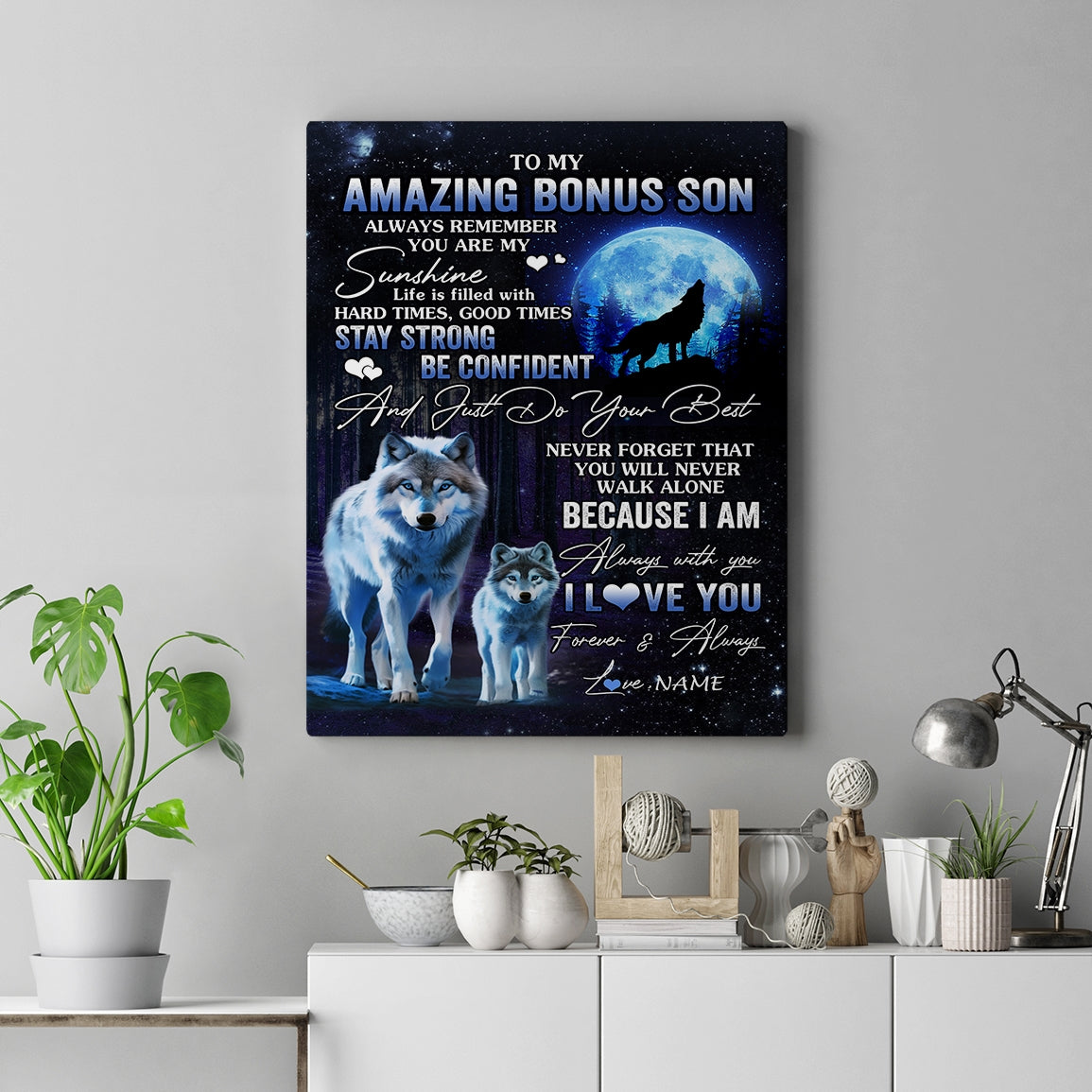 Personalized To My Amazing Bonus Son Wolf Canvas From Step Mom Dad Mother Moon Wolf Stepson Birthday Gifts Graduation Christmas Custom Wall Art Print Framed Canvas | teecentury