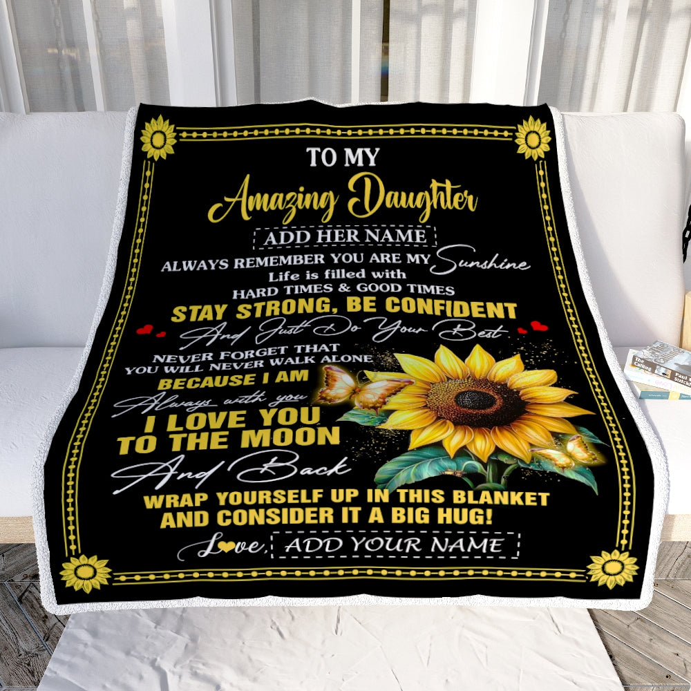 Personalized To My Amazing Daughter Blanket From Dad Mom Mother Sunflower It A Big Hug Daughter Birthday Gifts Christmas Customized Fleece Throw Blanket | teecentury