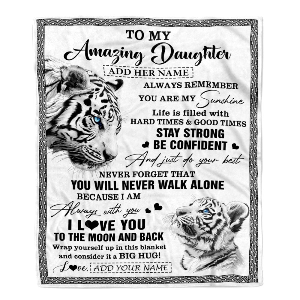 Personalized To My Amazing Daughter Blanket From Dad Mom Mother White Tiger It A Big Hug Daughter Birthday Gifts Christmas Customized Fleece Throw Blanket | teecentury