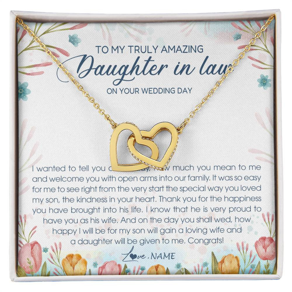 Interlocking Hearts Necklace 18K Yellow Gold Finish | Personalized To My Amazing Daughter In Law Necklace from Mother In Law Daughter In Law On Your Wedding Day Bride Jewelry Customized Gift Box Message Card | teecentury