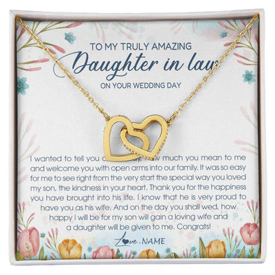 Interlocking Hearts Necklace 18K Yellow Gold Finish | Personalized To My Amazing Daughter In Law Necklace from Mother In Law Daughter In Law On Your Wedding Day Bride Jewelry Customized Gift Box Message Card | teecentury