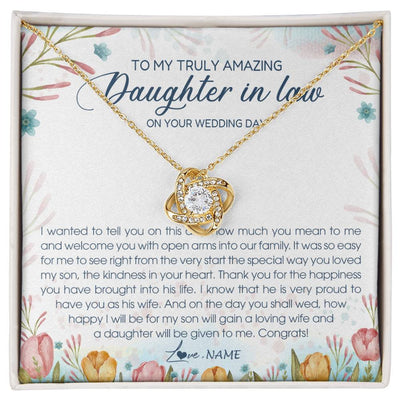 Love Knot Necklace 18K Yellow Gold Finish | Personalized To My Amazing Daughter In Law Necklace from Mother In Law Daughter In Law On Your Wedding Day Bride Jewelry Customized Gift Box Message Card | teecentury