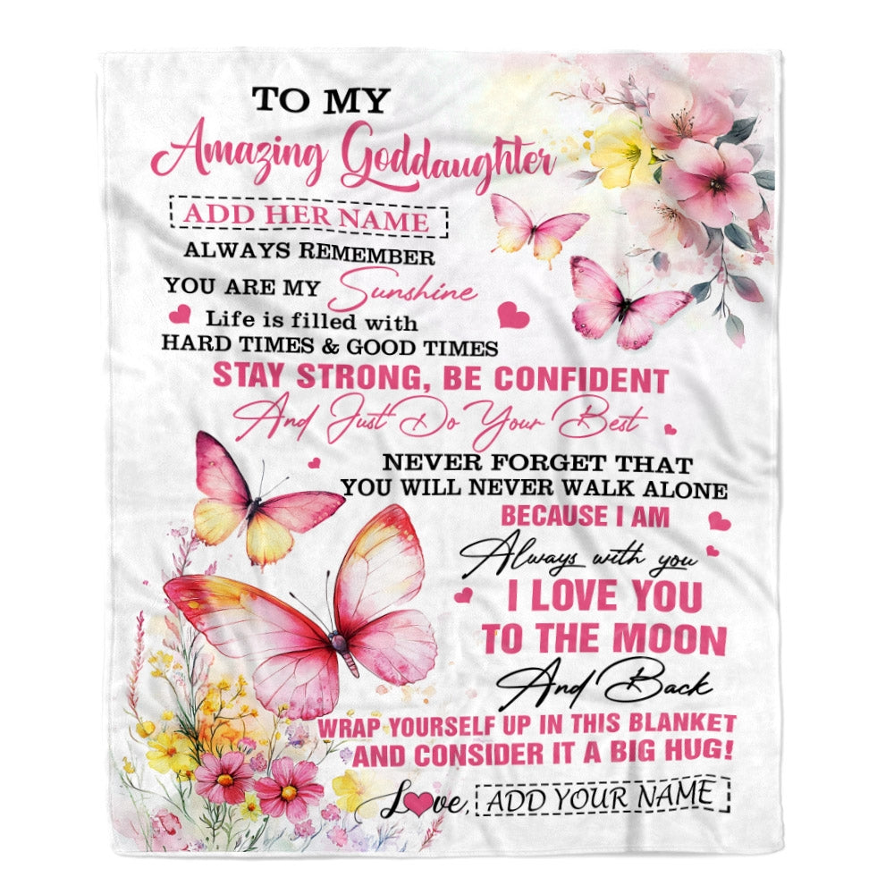 Personalized To My Amazing Goddaughter Blanket From Godmother Uncle Butterfly It A Big Hug Goddaughter Birthday Gifts Christmas Customized Fleece Blanket | teecentury