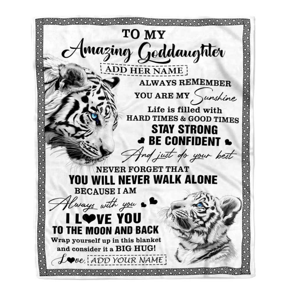 Personalized To My Amazing Goddaughter Blanket From Godmother Uncle White Tiger It A Big Hug Goddaughter Birthday Gifts Christmas Customized Fleece Blanket | teecentury