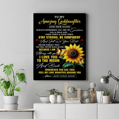 Personalized To My Amazing Goddaughter Canvas From Godmother Godfather Sunflower It A Big Hug Goddaughter Birthday Gifts Christmas Custom Wall Art Framed Canvas | teecentury