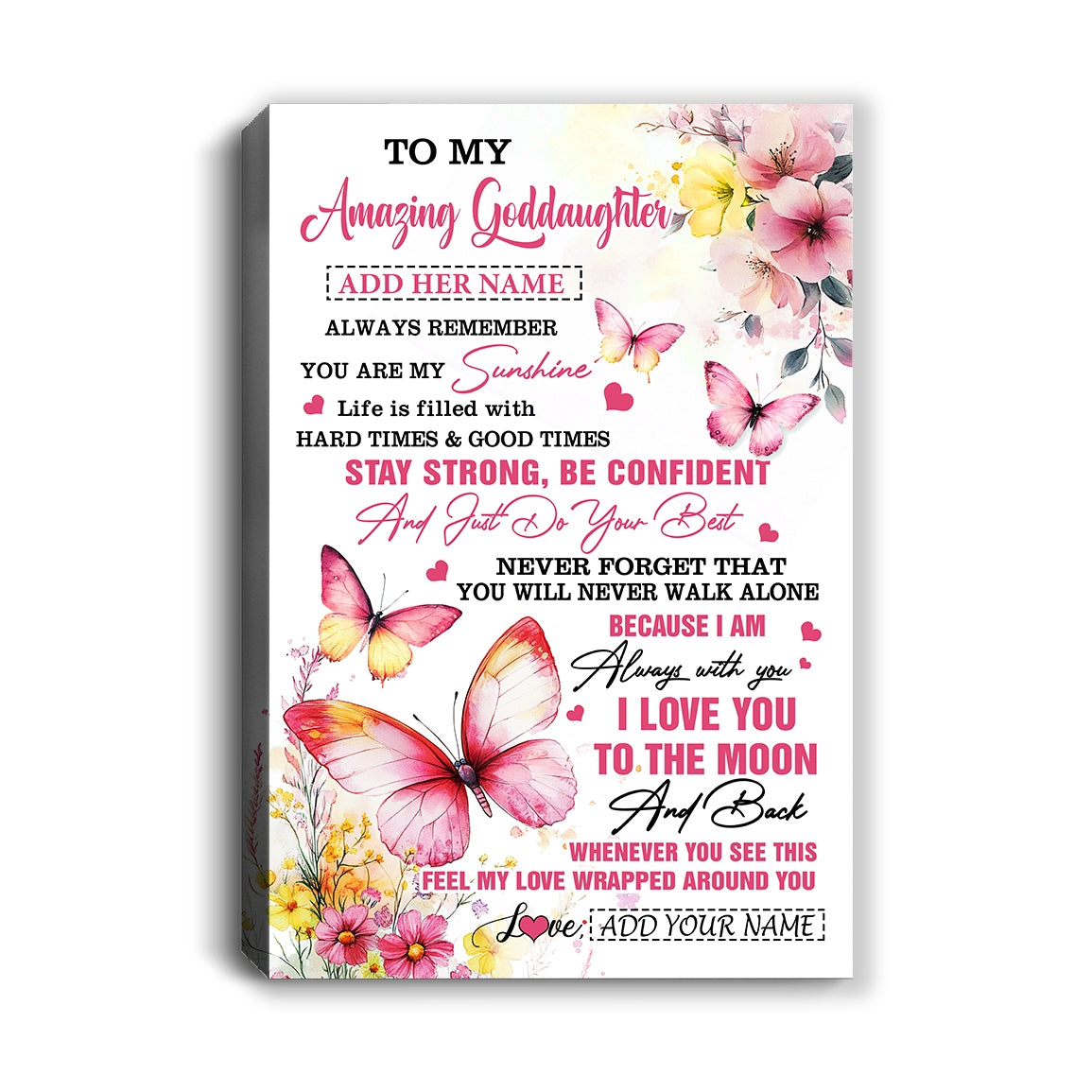 Personalized To My Amazing Goddaughter Canvas From Godmother Uncle Butterfly It A Big Hug Goddaughter Birthday Gifts Christmas Customized Wall Art Framed Canvas | teecentury