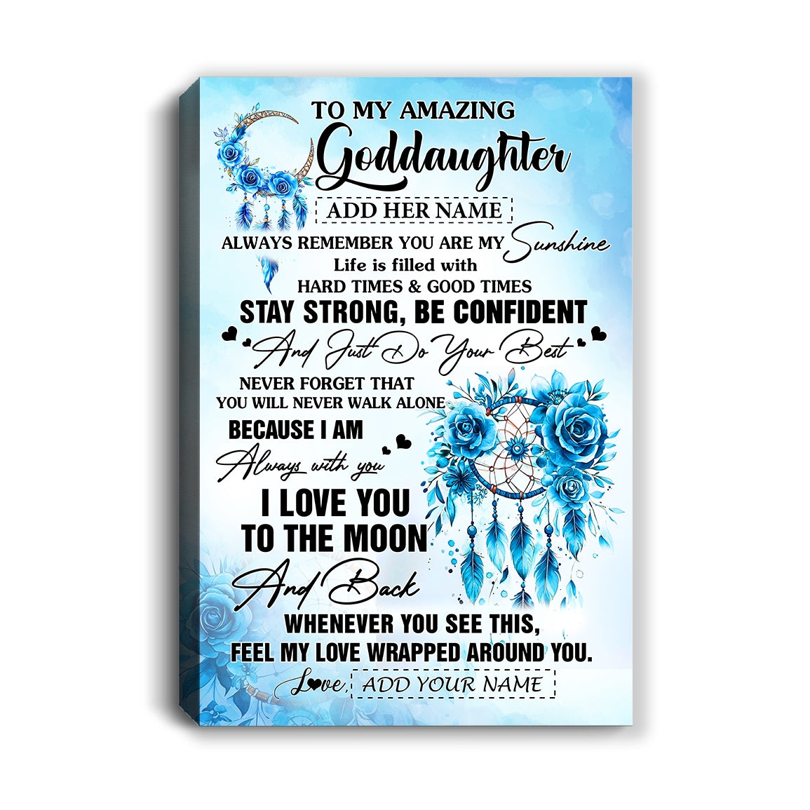 Personalized To My Amazing Goddaughter Canvas From Godmother Uncle Dream Catcher It A Big Hug Goddaughter Birthday Gifts Christmas Customized Wall Art Framed Canvas | teecentury