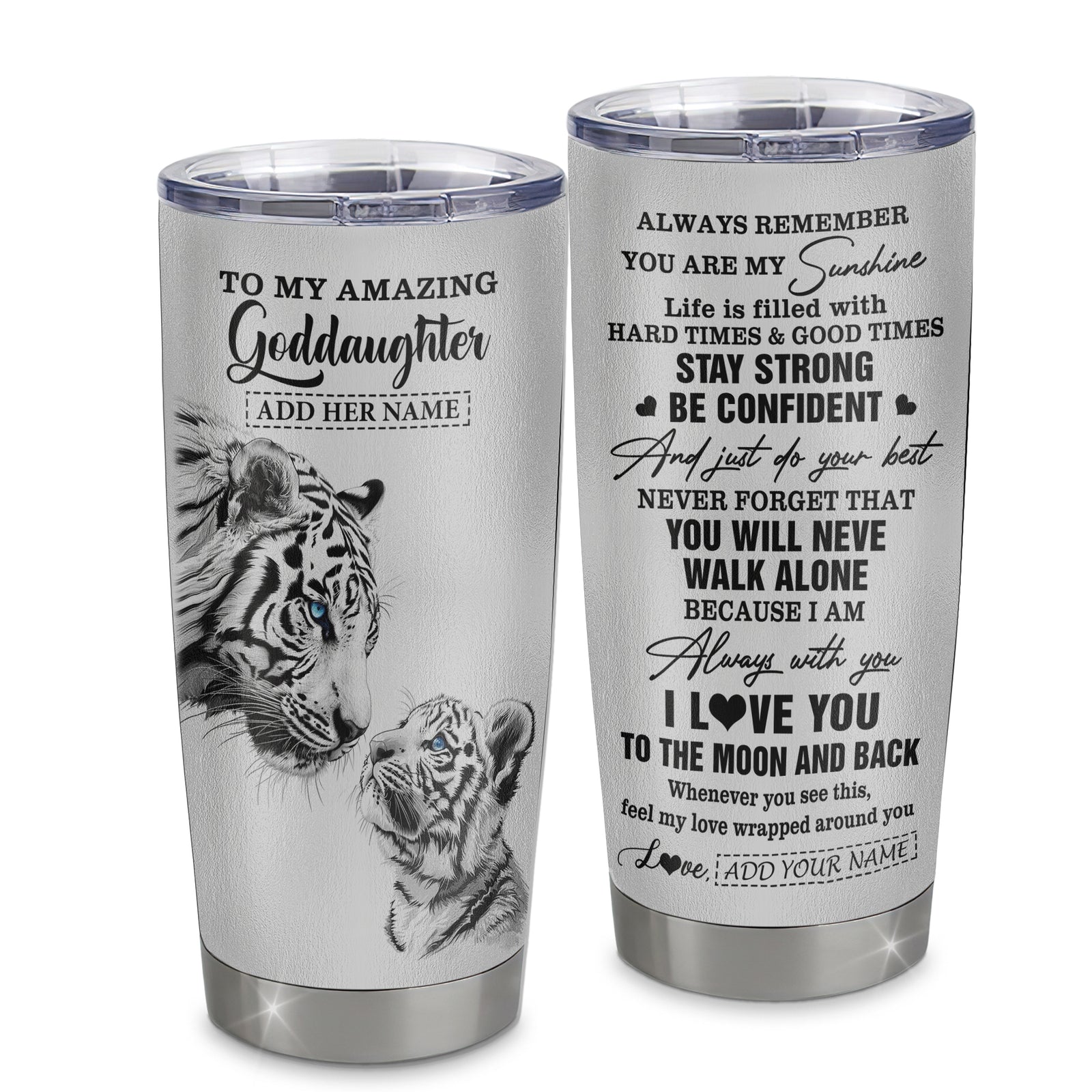 Personalized To My Amazing Goddaughter Gifts Tumbler From Godmother Godfather White Tiger It A Big Hug Goddaughter Birthday Gifts Christmas Custom Stainless Steel Mug | teecentury
